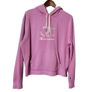 Champion French Terry Hoodie Size XL Pink Floral Logo Authentic Athletic Womens